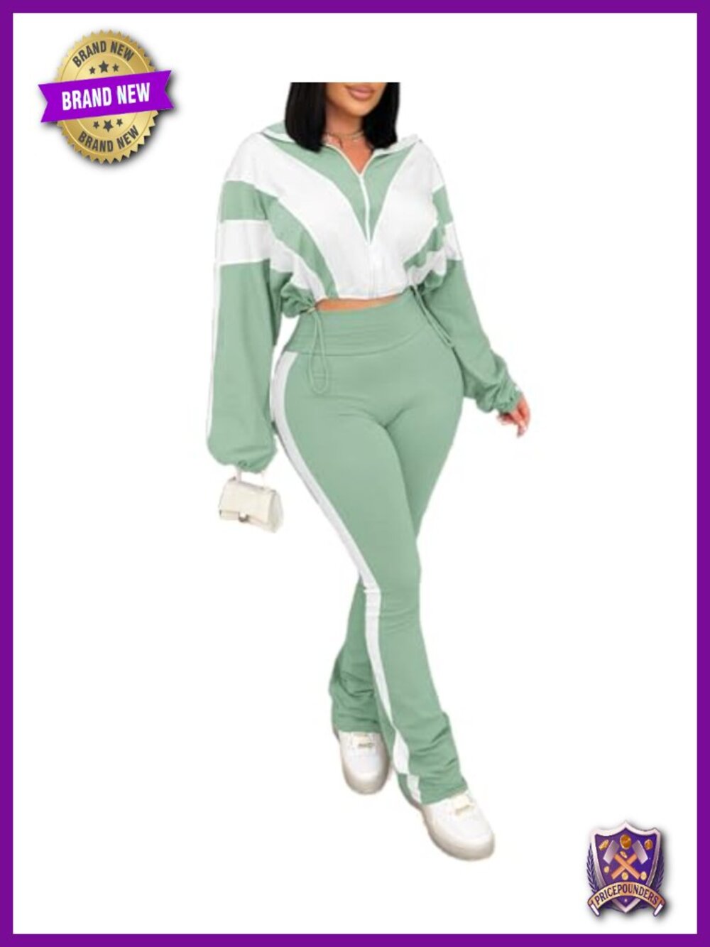 Women 2 Piece Outfit Zip Crop Jacket Bodycon Flare Pant Set Polyester